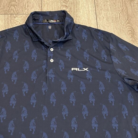 RLX Ralph Lauren Polo Shirt Mens XL Tiger All Over Print Blue Polyester Golf - Picture 1 of 7